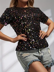 Colorful Sequined Crew Neck T-shirt, Vintage Short Sleeve Top For Club & Party, Women's Clothing