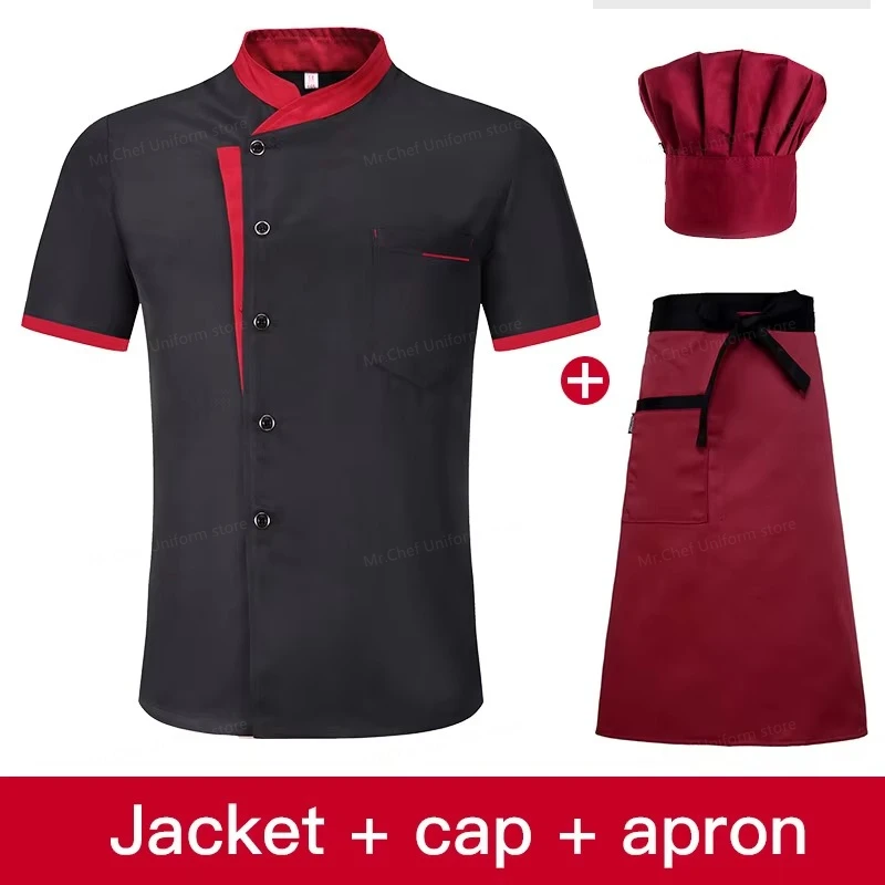 Set da chef estivo a maniche corte Ristorante Hotel Cucina Abbigliamento da lavoro Uomo Giacca da cuoco sottile traspirante Grembiule cappotto da cuoco con cappello da donna