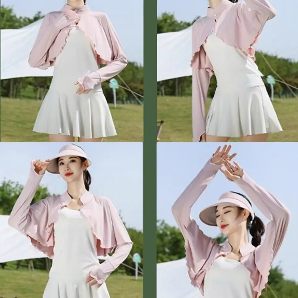 Solid Color Sunscreen Shawl Ice Silk Thin Fabric Thin Crop Top Long Sleeve Sun Protection Long Sleeve Crop Top Sun Protection