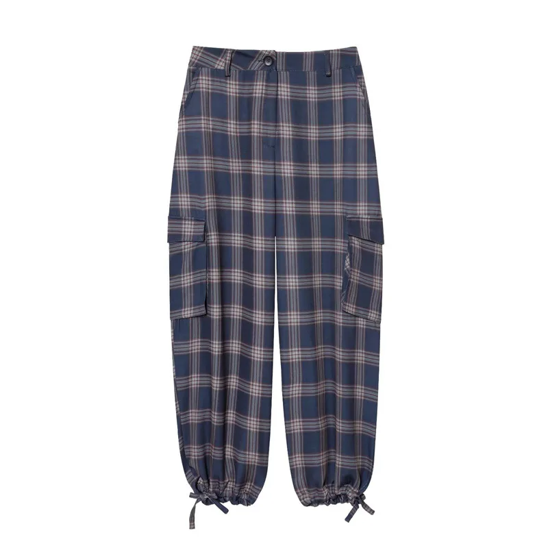 ハイウエストチェック柄ランタンワークパンツレディースストリートスレパンツ、ケット装飾付きルーズフィットロングパンツカジュアルウェア