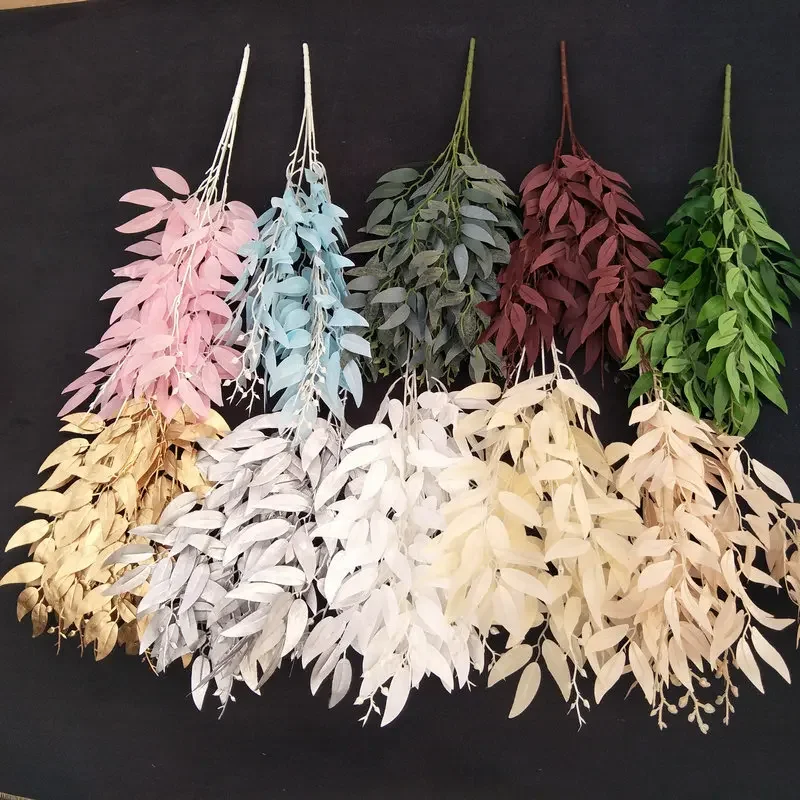 55CM Artificial Leaf Vine Plant 5-Fork Willow Leaf Wedding and Wedding Guide Arrangement Silk Screen Cloth Bundle Willow Leaves