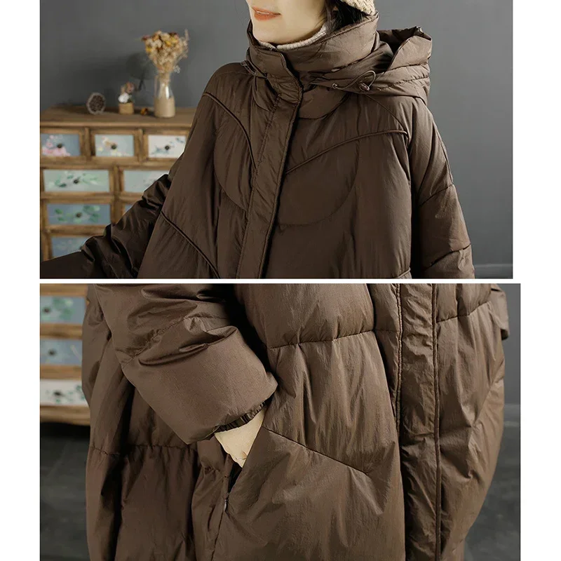 New Women Down Jacket Casual Loose Over Size Autumn Winter Long Outwear with Hood Warm White Duck Down Thick Coat 2024 New