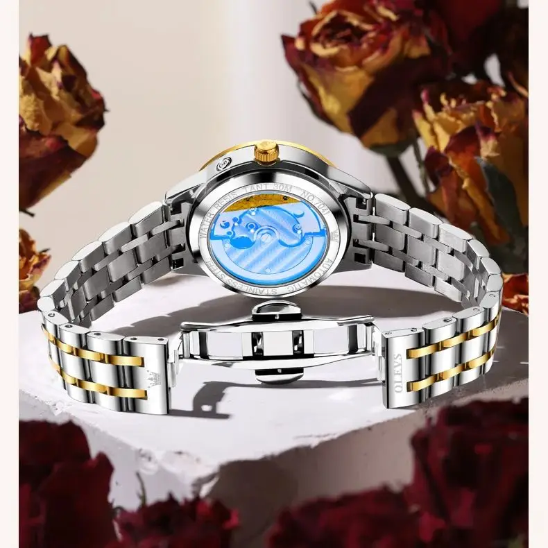 OLEVS 7041 นาฬิกาคู่หรูหรา Original นาฬิกากลไกอัตโนมัติ Diamond Moon Phase ผู้ชายผู้หญิงนาฬิกา Top Lover นาฬิกาของขวัญ