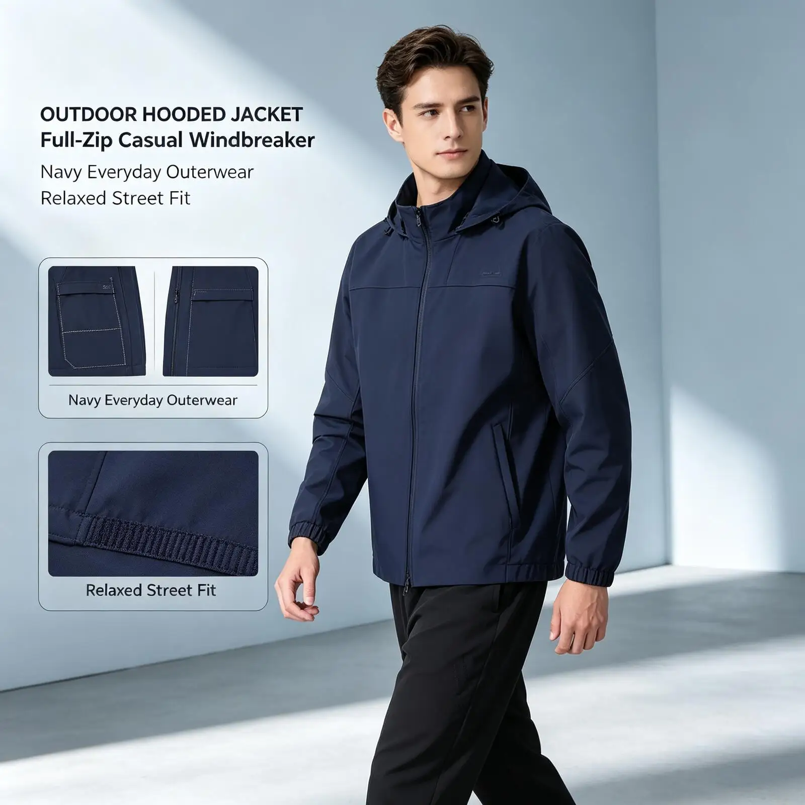 New Adidas Men Navy Hooded Windbreaker Lightweight Full-Zip Casual Jacket Outdoor Streetwear Outerwear with Pockets
