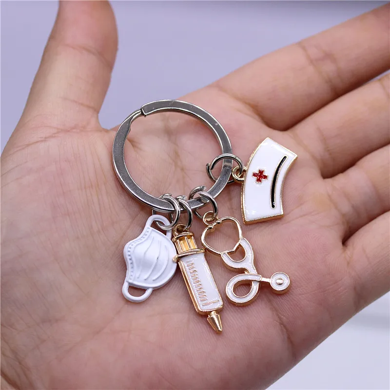 Creative White Medical Angel Key Chain Nurse Doctor Mask Keychains Medical Aid Personnel Key Ring Syringe Stethoscope Pendant