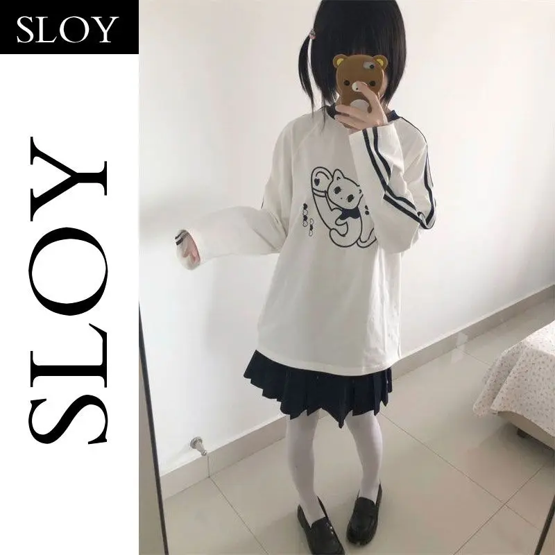 

Onalippa 2025 Vintage Kitten Print Patchwork Striped Long Sleeved Spring Round Neck T-shirt Loose Versatile Sweet Girl Top