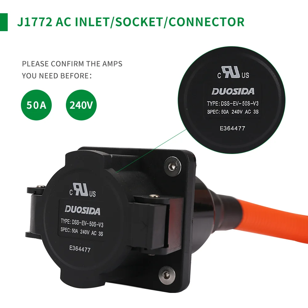 Sae J1772 Standard 16A 32A 50A EVSE Type 1 Socket With 1M Cable AC Inlet EV Charging Outlet