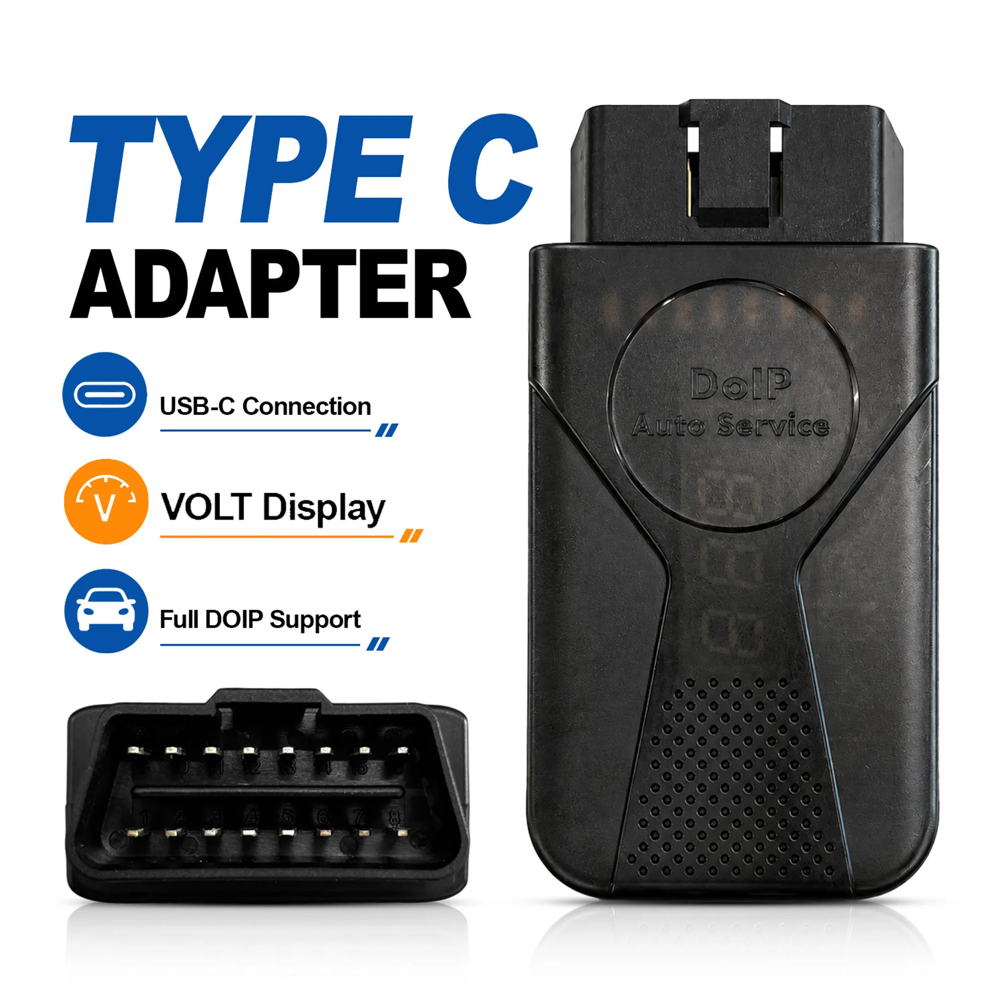 

ENET Type C DoIP Adapter with Volt Display–Real-Time Battery Voltage Monitor–For BMW Mercedes Audi Land Rover