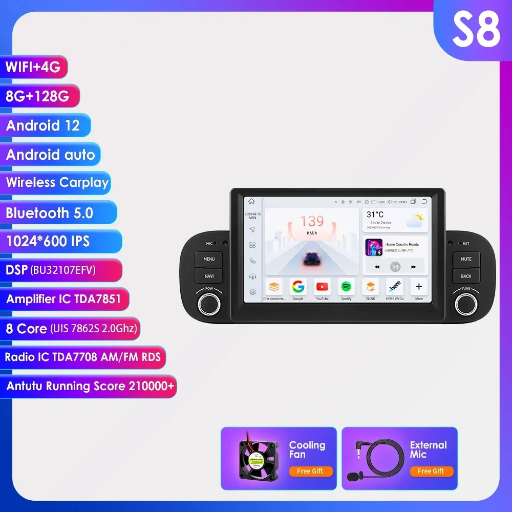 1DIN Android Autoradio Speler voor FIAT Panda 2013-2020 Android Auto Draadloze CarPlay Auto Multimedia 1 Din Intelligent Scherm GPS