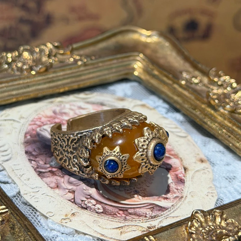 

Vintage Yellow Natural Stone Ring For Women Lapis Lazuli Sun Accessories Quality Luxury Designer Jewelry Trends 2025 Gifts Party