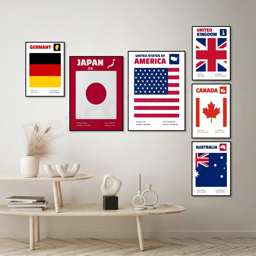 Japan, USA, UK/UK, Australia, Germany, Canada Flag Print Wall Art with Map, Flag Wall Art, Simple Design Travel Poster, Flag Gif