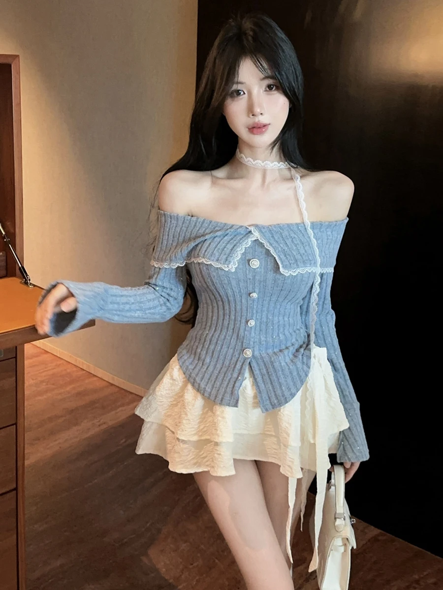 Early Autumn Chic Knitwear Bell Sleeve One Shoulder Hanging Neck Base Shirt Small Cake Skirt Set Trendy Long Sleeve 