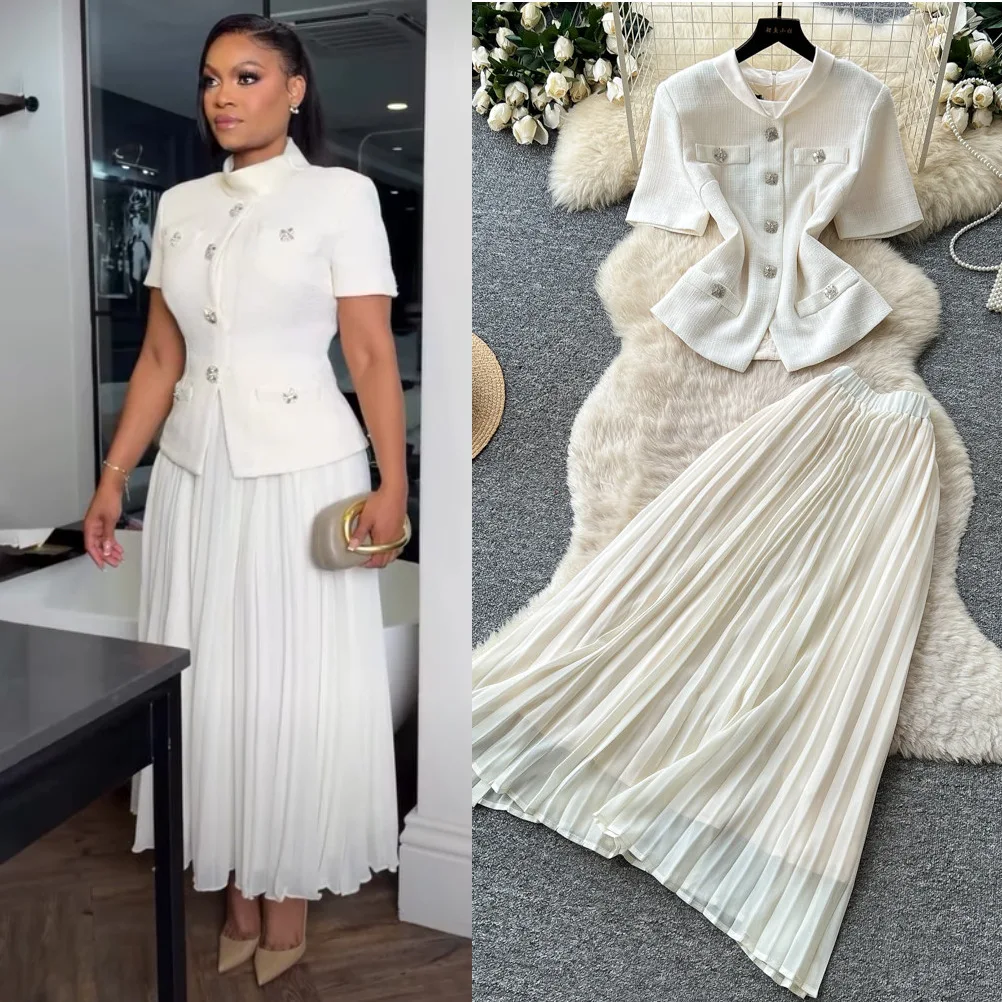 Damen Zweiteiler Set Rock-Set Stehkragen Kurzarm-Oberteil Lange Röcke Hohe Taille Y2k Streetwear Elegant Arbeitstauglich Figurbetont 2026