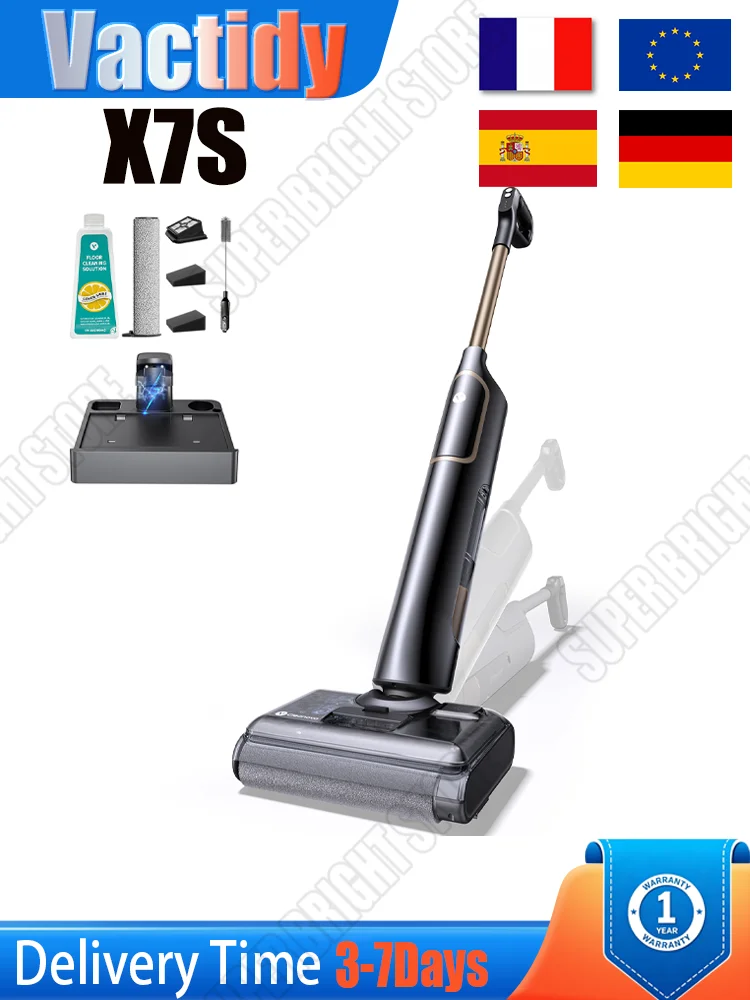 Vactidy X7S 3-w-1 Bezprzewodowy odkurzacz i mop do pracy na mokro i sucho z funkcją obrotu o 180 stopni ° Płaski odkurzacz, czas pracy 40 minut, siła ssania 20 kPa, szczotka obracająca się o 780 — 2