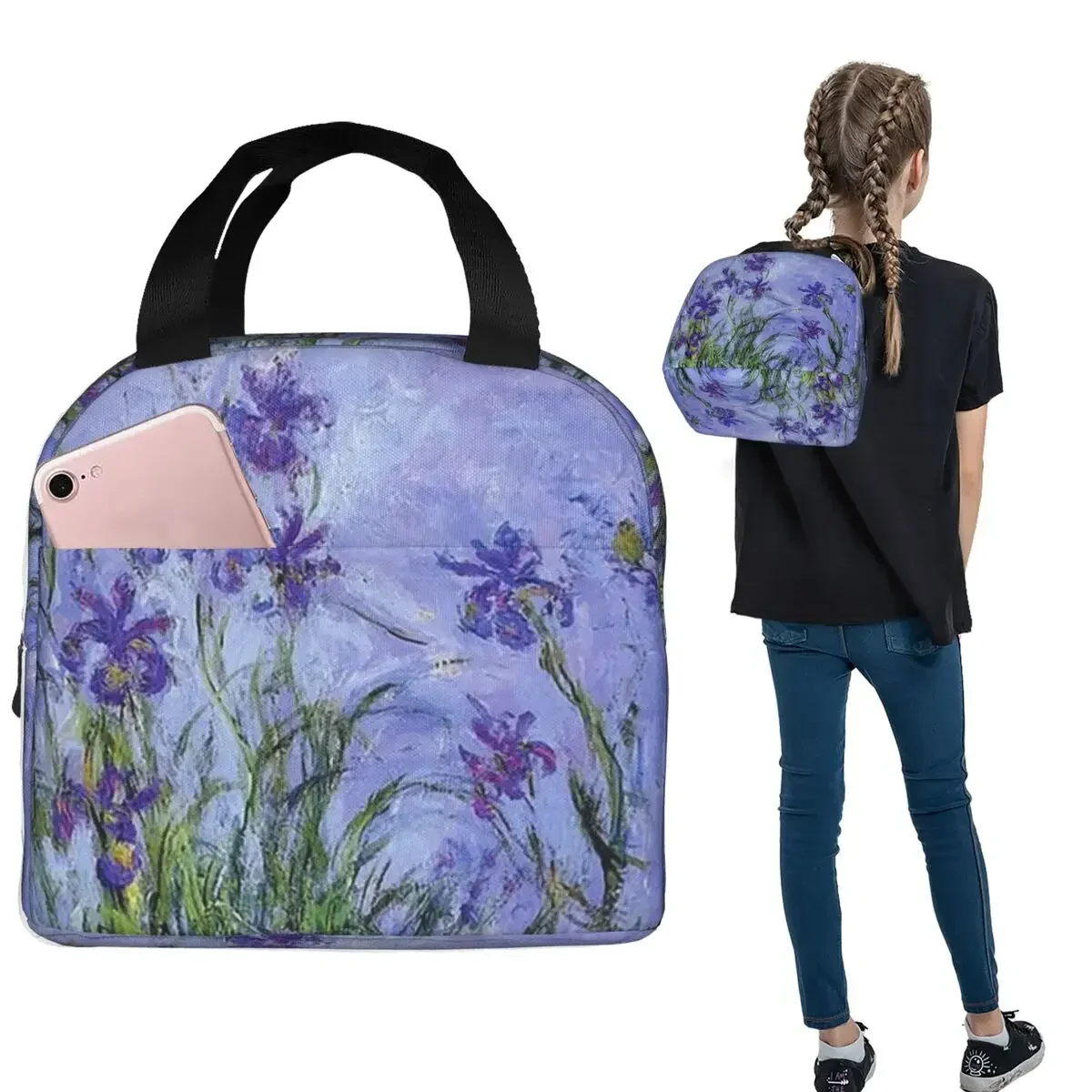 Claude Monet Lilac Irises 191 Insulated Lunch Bag for Women Children Portable Food Boxes Thermal Lunch Box Tote view 2