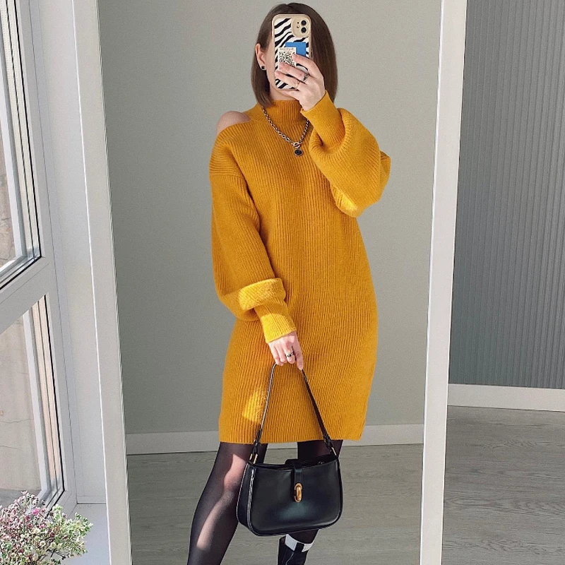 Autumn Winter Turtleneck Pullovers Long Sweaters Women Half Off-Shoulder Korean Loose Jumper Female Knitted Pull Femme Tops