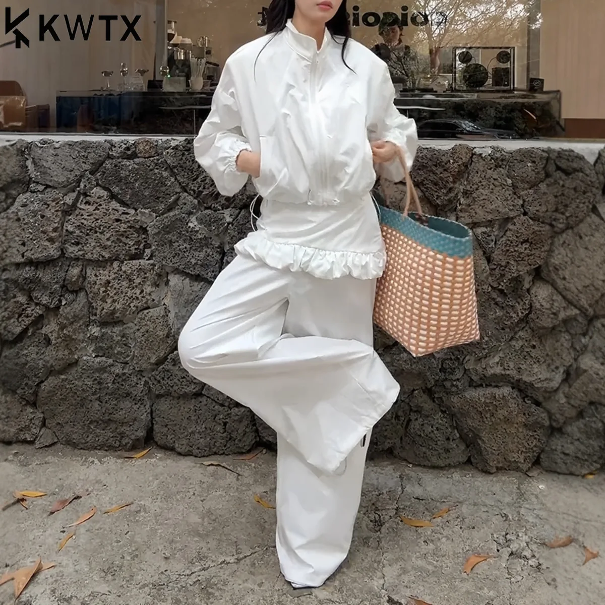 

KWTX женская однотонная повседневная куртка из 2 предметов с воротником-стойкой на молнии, брюки-джоггеры, винтажные осенние брюки 2025 года, удобные, премиум-шикарные, стильные