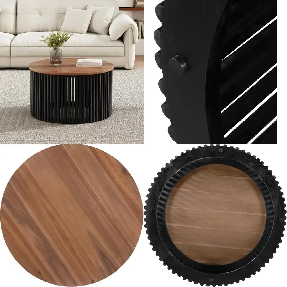 Round Acacia Wood Coffee Table with Wooden Base - Modern Industrial Style Accent Table for Indoor and Outdoor Living Spaces, Per