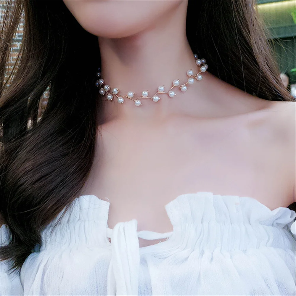 Imitation Pearl Chain Choker Simple Gold Color Clavicle Chain Necklace For Women Fashion Party Jewelry Trendy Wear image 6