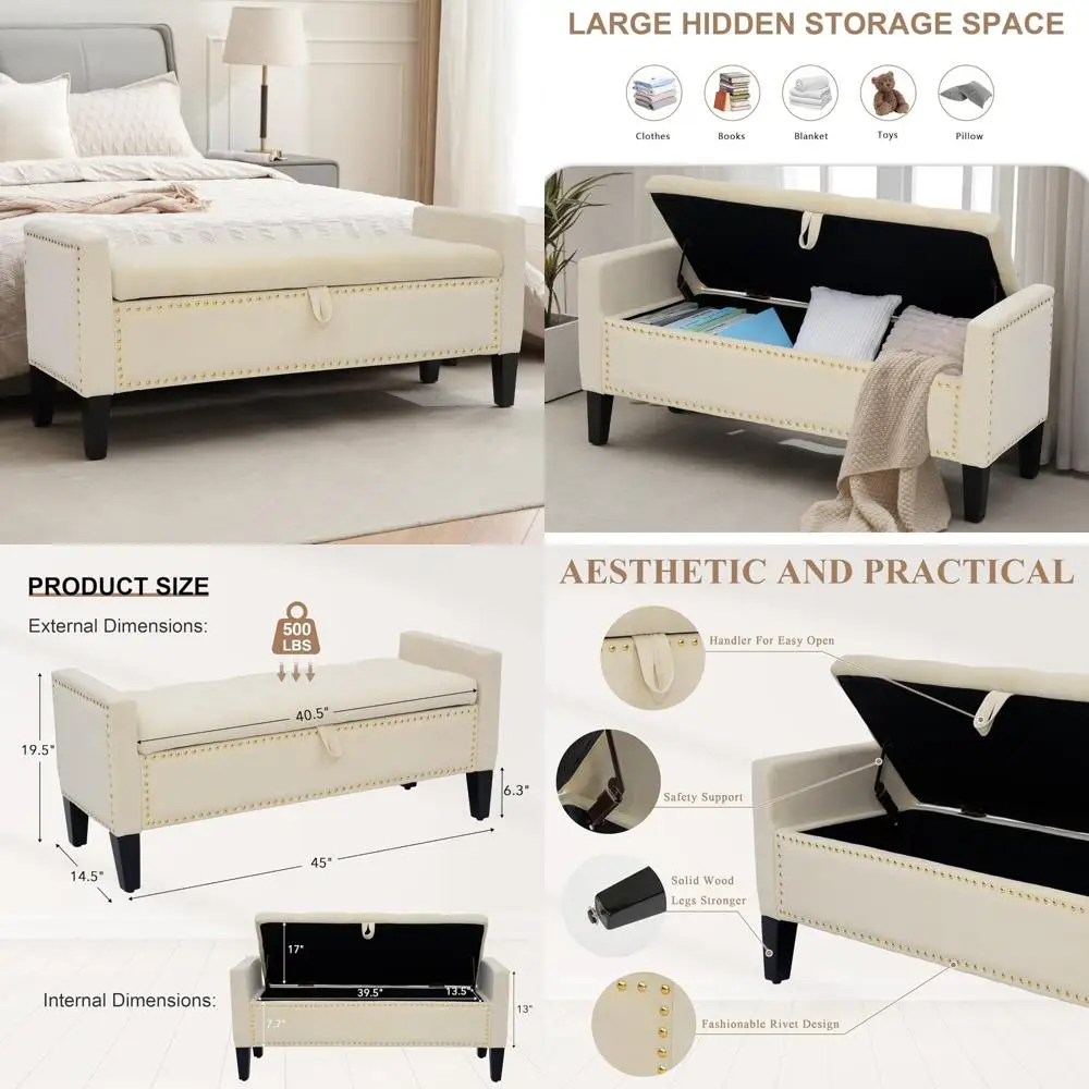 مسند تخزين حديث بأذرع، مقعد معنقدة بزر منجد مقاس 45 بوصة لنهاية السرير، أثاث غرفة المعيشة مع نعل تخزين #1