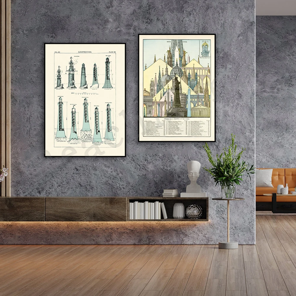 Vintage lighthouse nautical theme, building infographic Statue of Liberty Eiffel Tower travel poster, infographics architect gif