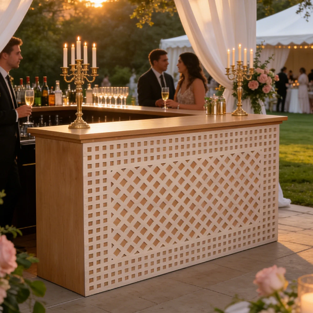 2026 New Design 100% Solid Wooden Rectangle bar Furniture Modern Wedding Event Sturdy bar Table with Rattan