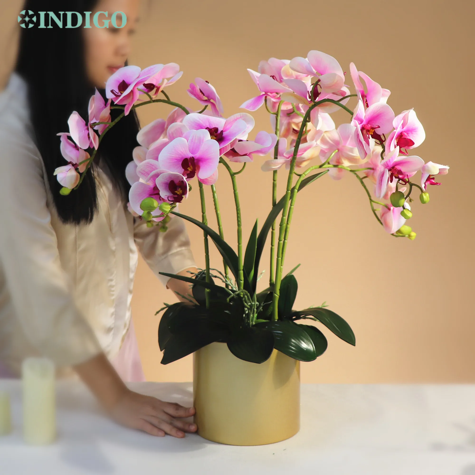 INDIGO-Artificial Flower Arrangment, Purple Phalaenopsis, DIY with Vase, Big Size, 60x60cm, Christmas Party Centerpiece, 1 Set