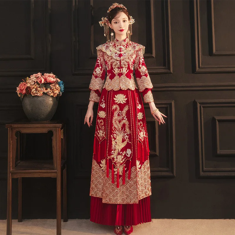 2022 Bride Red Embroidery Qipao Wedding Dress Retro Chinese Style Cheongsam Toast Clothing Size S-2XL