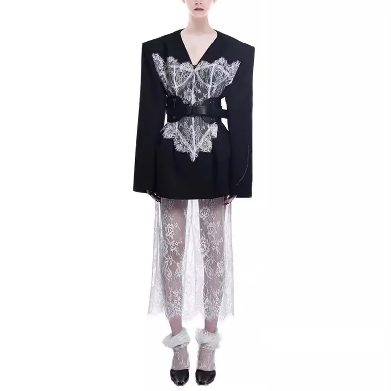 

Women's Slim Fit V-Neck Blazer Autumn Fashion Lace Print Design Elegant Casual Jacket for Ladies