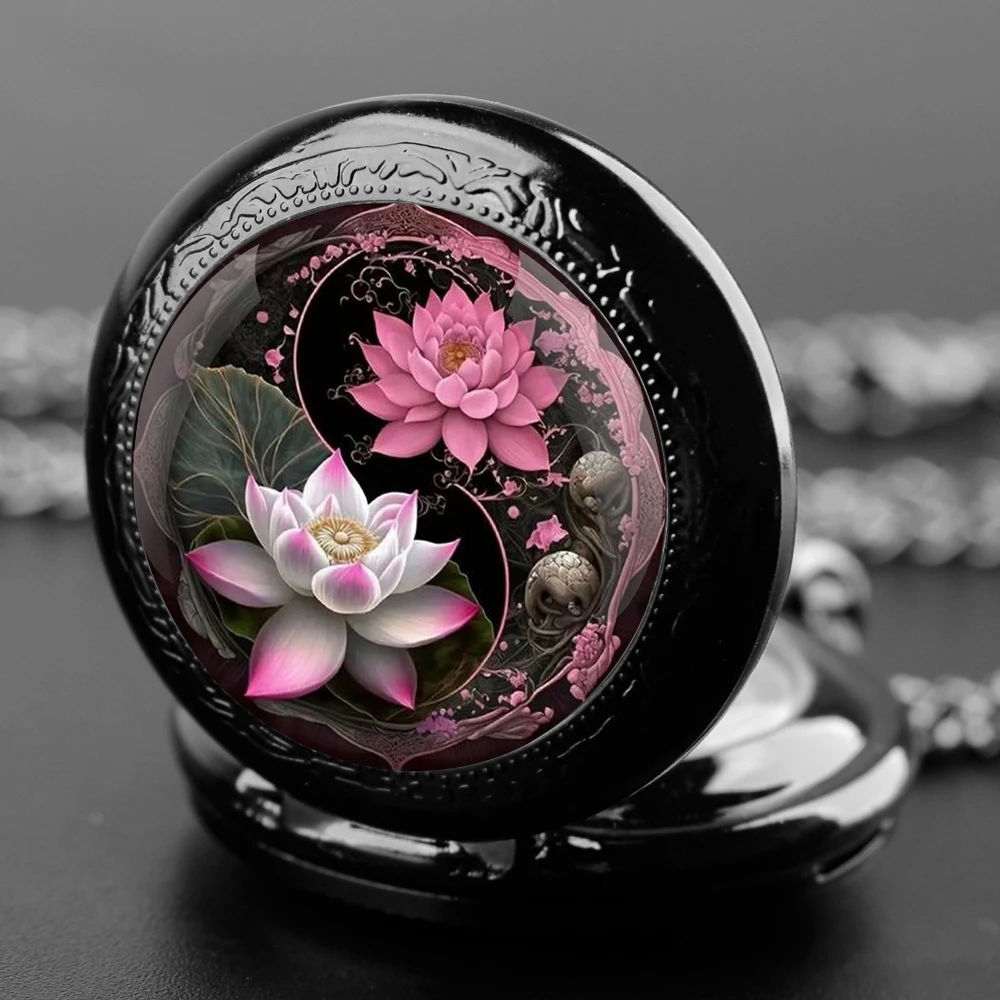 Yin-Yang Lotus Design Orologio da tasca al quarzo nero Set regalo con catena resistente e quadrante con numeri arabi, regalo senza tempo per ragazzo