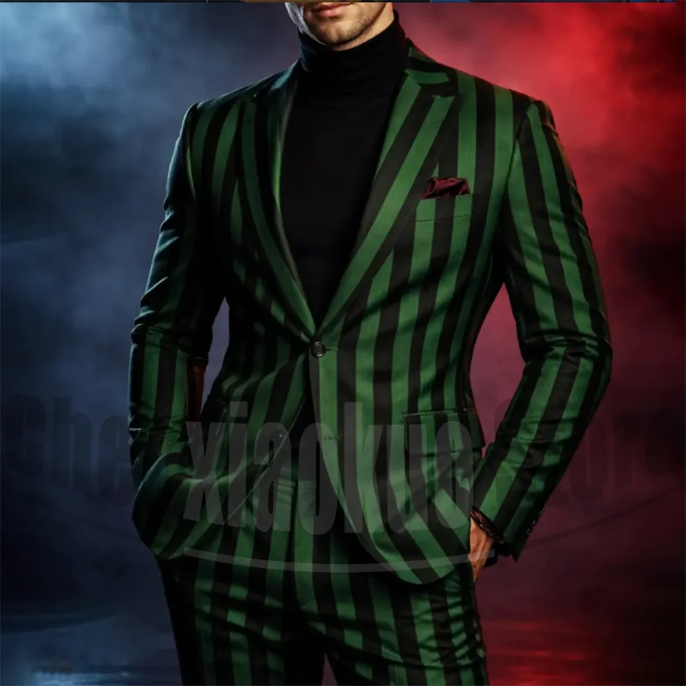 

Fashion Two-Tone Striped Men Suit 2 Piece Slim Fit Single Breasted Blazer and Pants Formal Wedding Party Stage Casual Outfit