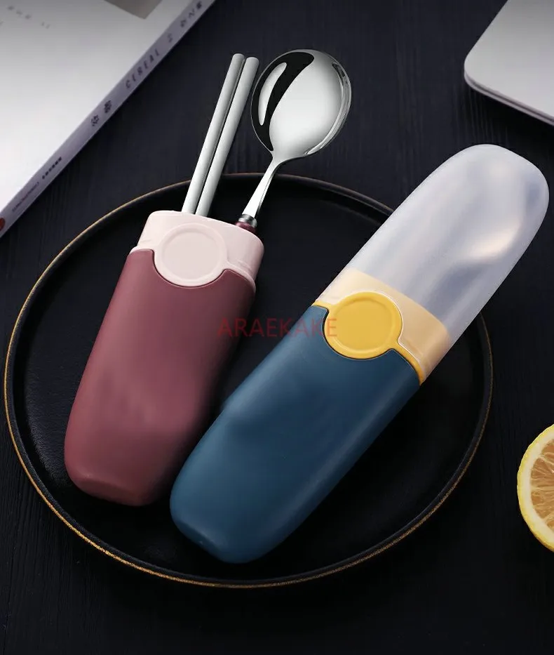 

Stainless steel chopsticks and spoons set, student portable office utensils three piece set box