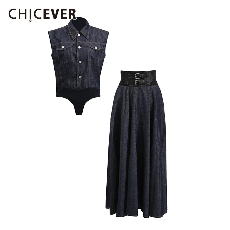 

CHICEVER Solid Two Piece Set for Women Lapel Sleeveless Playsuit High Street Spliced Waistband Retro Denim Skirt Sets Female New