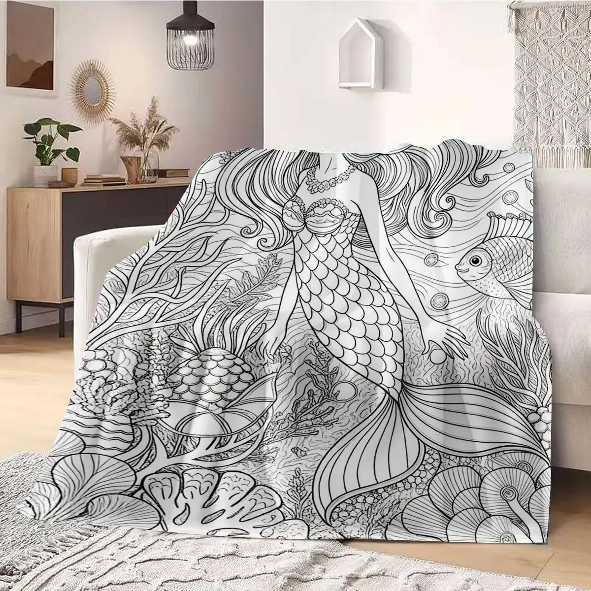1pc Coloring Flannel Blanket. Black And White Line Art Mermaid Underwater World, Soft And Warm for Sofa Office. Birthday Hallowe