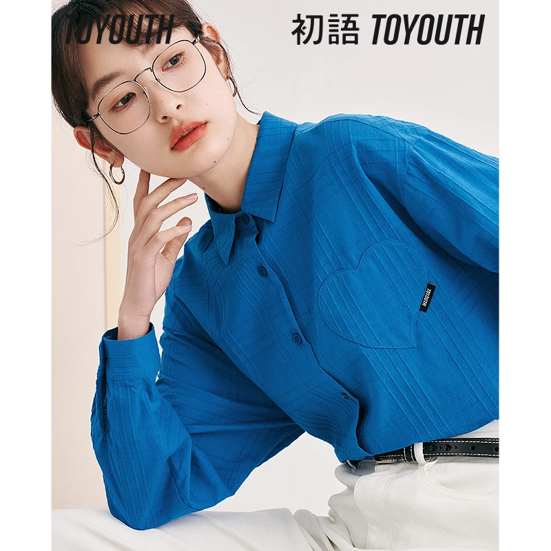 Toyouth Women Shirts 2023 Summer Long Sleeve Polo Neck Loose Blouse Heart-shaped Texture Fabric Sunscreen Casual Chic Tops