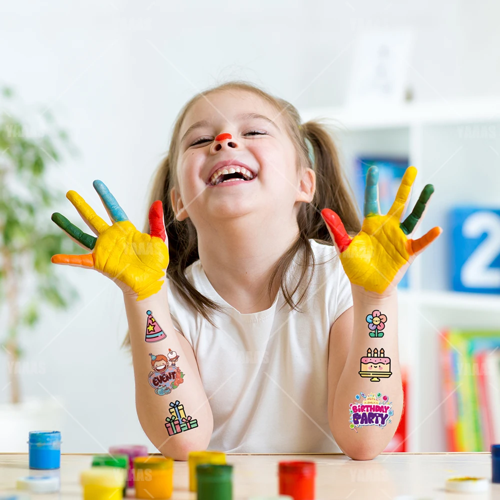 Juego de pegatinas de tatuaje temporal de dibujos animados para niños, pegatinas de maquillaje corporal para fiesta de cumpleaños, 1Set