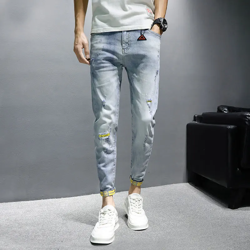 

Denim Jeans Men's 2022 Autumn Thin Korean Men's Teenagers Small Feet Casual Ripped Holeankle Length Pants