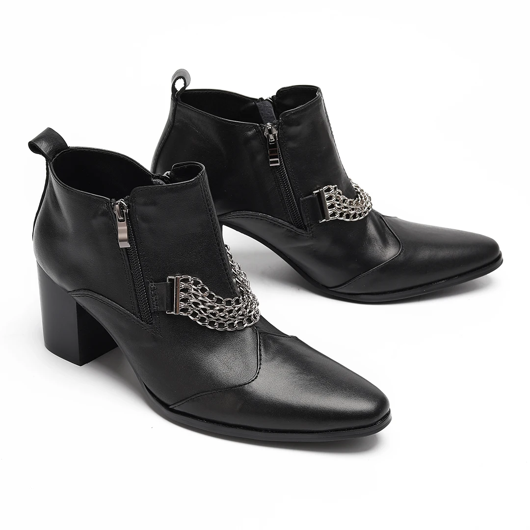 섹시한 정품 가죽 체인 남성 하이힐 슈즈 큰 사이즈 뾰족코 앵클 부츠 드랙퀸 파티 쇼 댄서 하이힐 슈즈