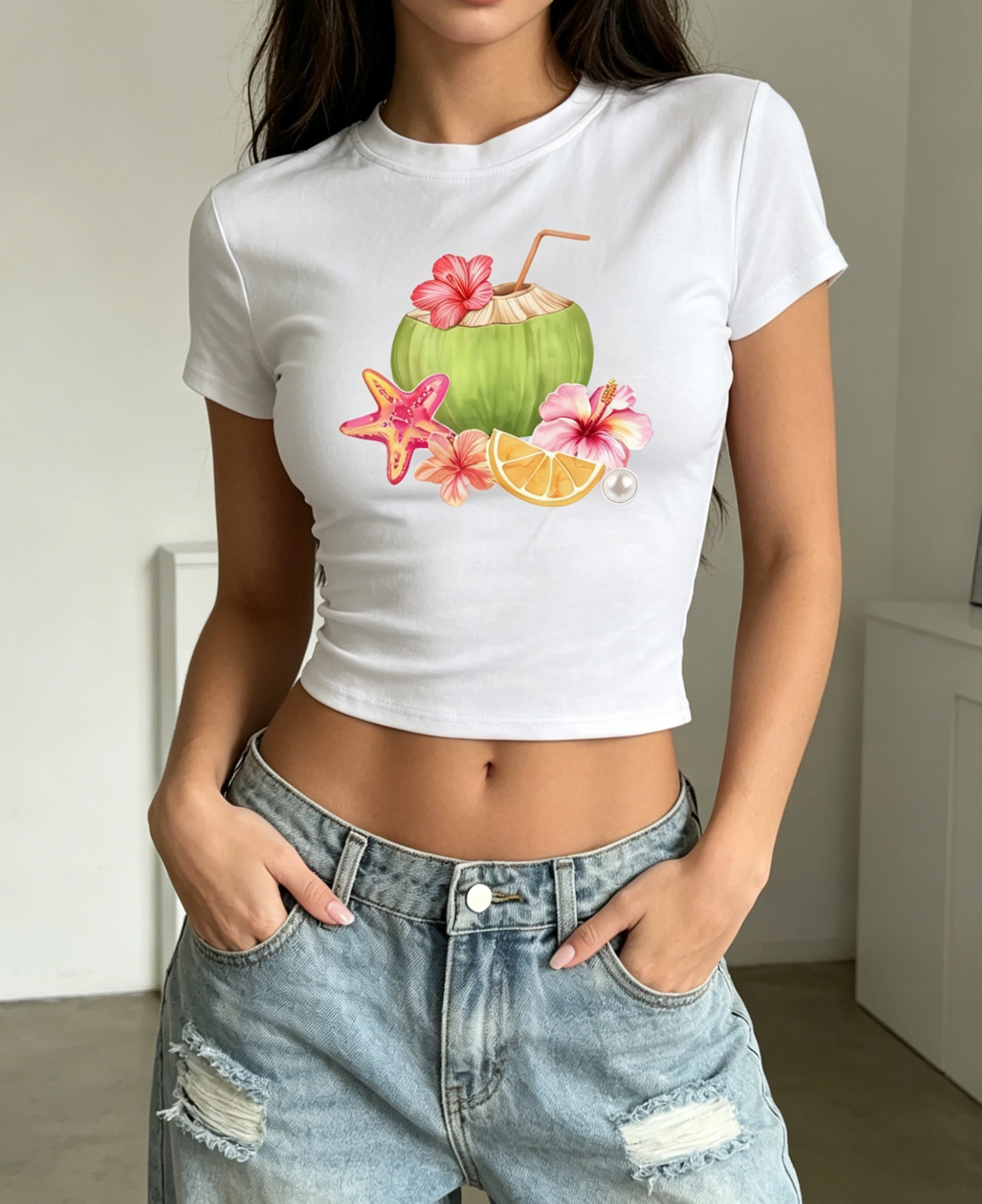 Women's American-style Summer Hot Girl Tropical Island Coconut Drink Fitted Short-sleeved Printed Dress