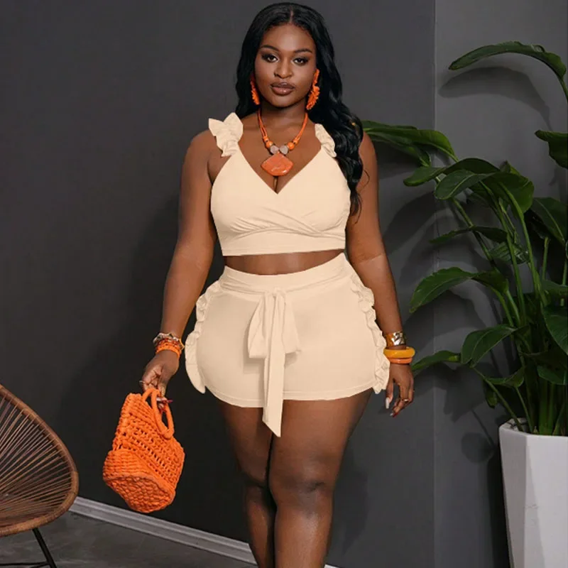 Tenue d'été décontractée pour femmes, ensemble deux pièces, vêtements de plage, vacances, volants, col en v, haut court et short à lacets, ensembles assortis, 2025