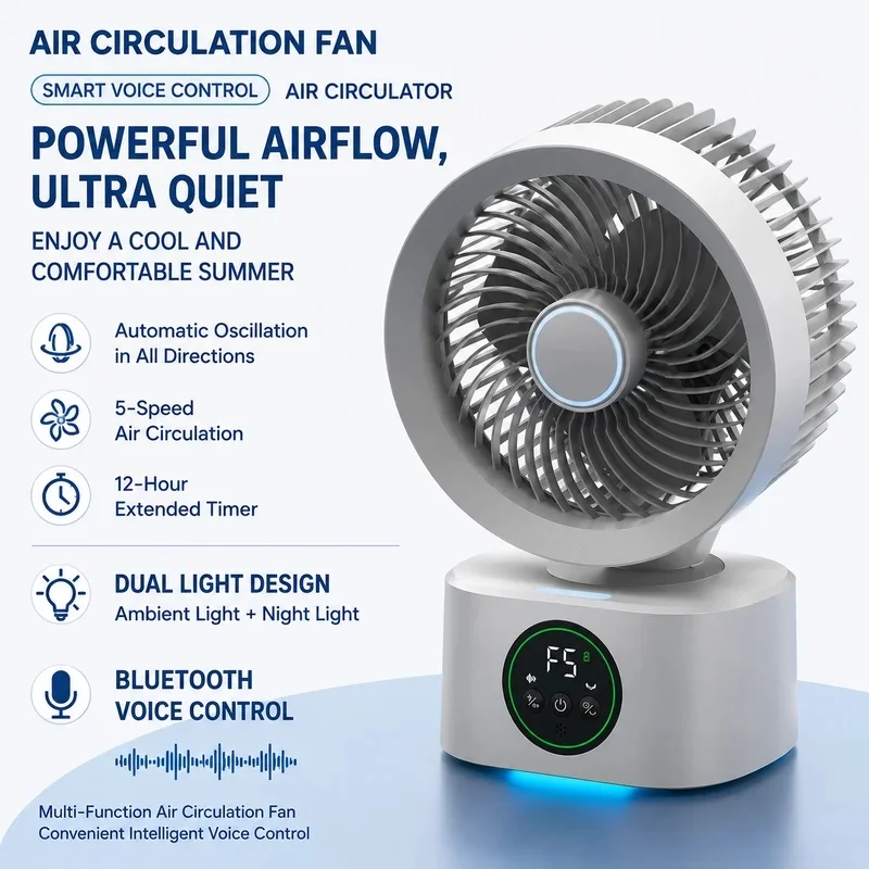 Smart Foldable Wall‑Mounted Cooling Fan, 2‑in‑1 Desktop & Wall‑Mount, Voice & Remote Control, USB Rechargeable LED Night Light