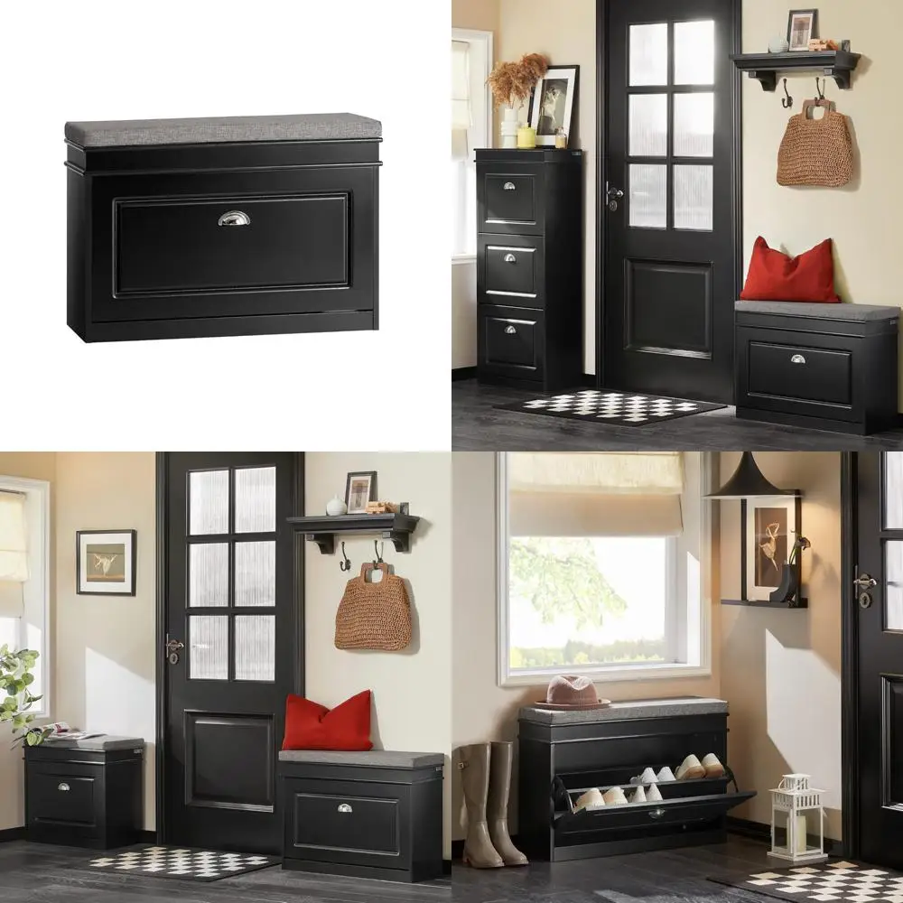 

Узкая скамья для хранения обуви с подушкой и 2-уровневым откидным ящиком для прихожей, черная полка для обуви для организации в прихожей в шкафу