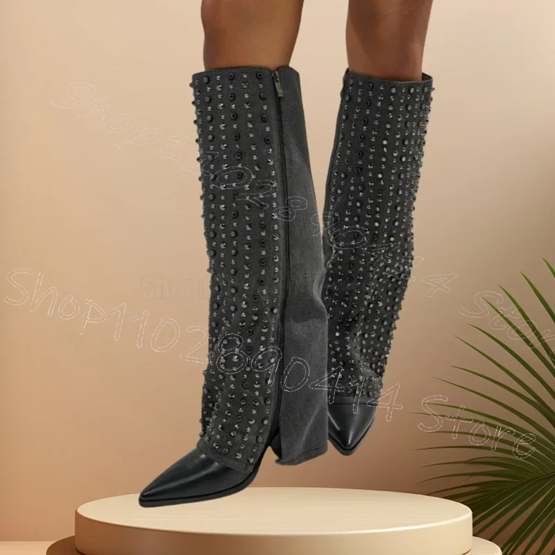 

Gray Rivets Denim Turned Over Pointed Toe Boots Side Zipper Women Shoes Chunky High Heels Party Dating 2025 Zapatos Para Mujere