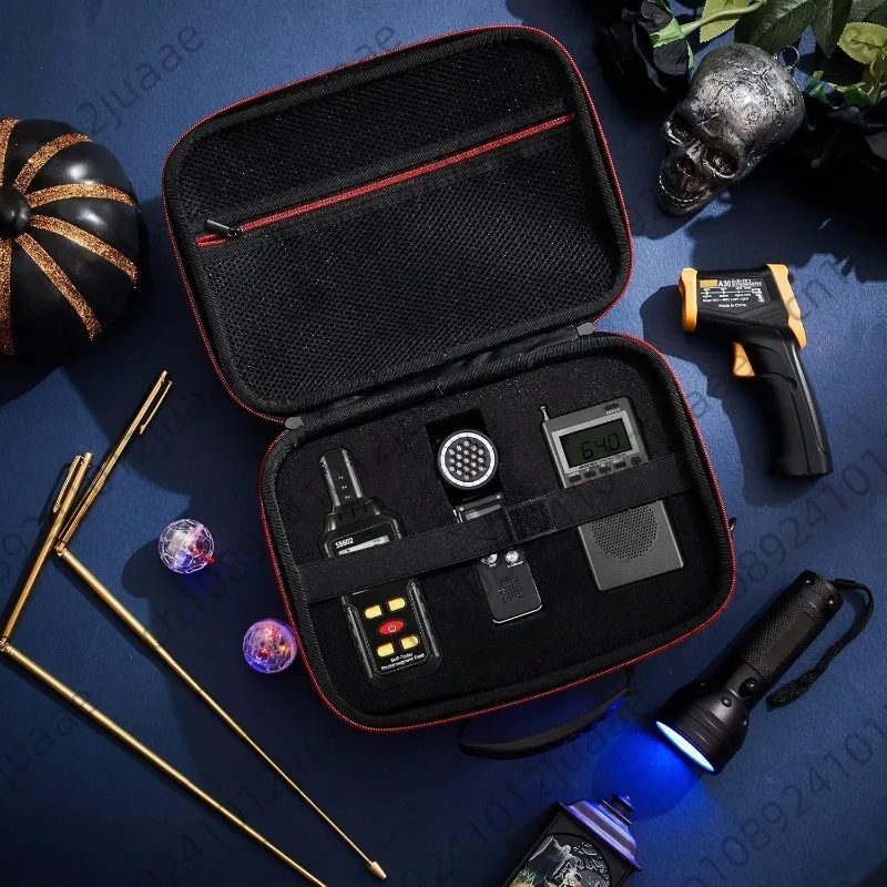 Multi-piece ghost hunting equipment kit with electromotive force meter, ghost hunting research box, tape recorder, etc