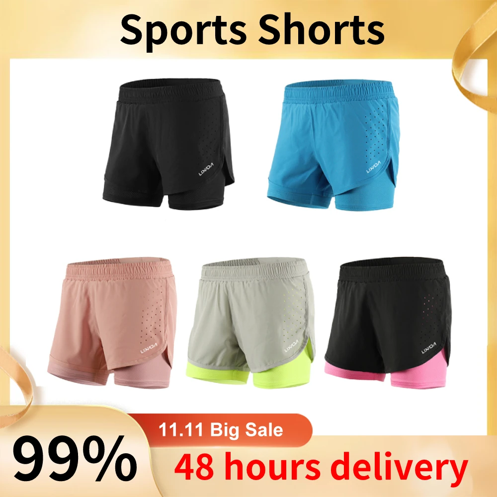 Lixada Women 2 In 1 Running Shorts Elastic Waist Running Tight Yoga Short Woman Sports Short Pink Gym Fitness Shorts Sportswear