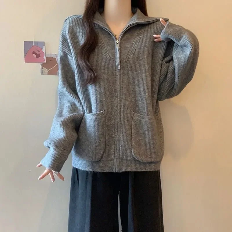 Nuovo cardigan per donna Abbigliamento donna Maglione con cerniera bavero Cappotto lavorato a maglia Cardigan Autunno e inverno nuovo cappotto alla moda allentato