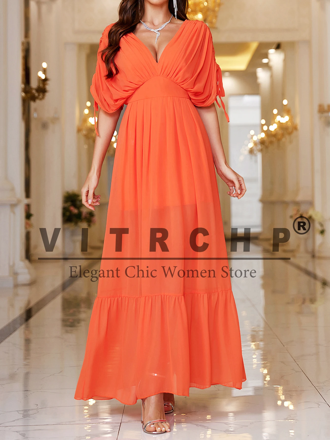 VITRCHP Orange Evening Wedding Party Dresses V-Neck Sexy Tulle Long Dress For Dancing Parties Prom Gown Summer Beach Vestidos