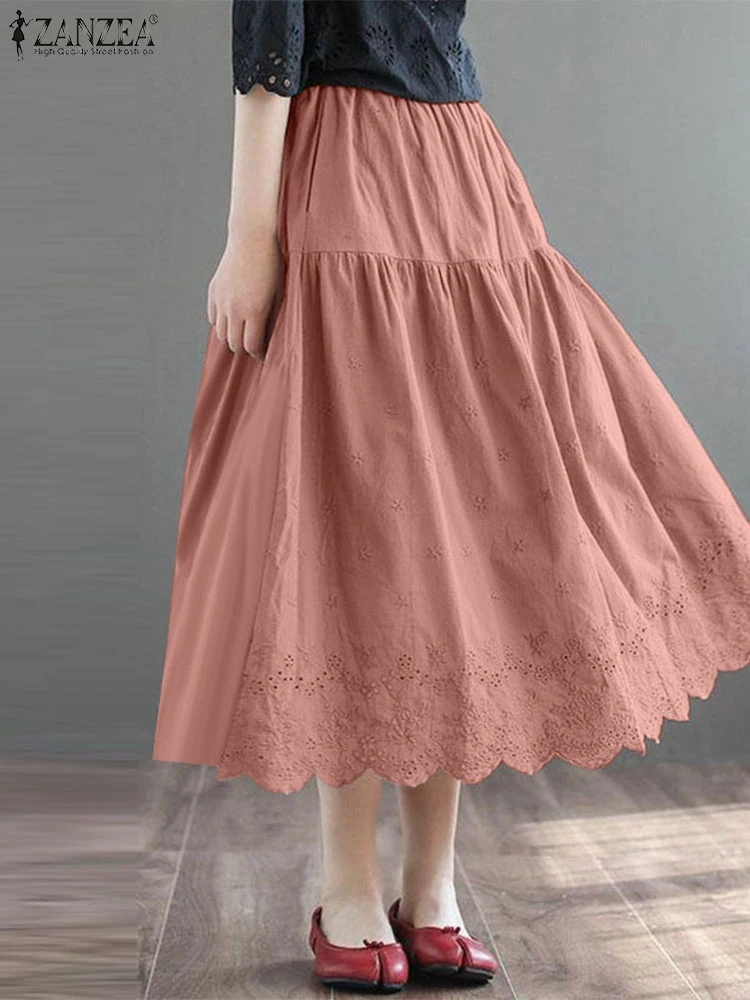 ZANZEA-Robe Midi Brodée pour Femme, Tenue Décontractée, Coupe Trapèze, Ajourée, Mode Coréenne, Taille artificiel astique, Vintage, à Volants, 2024