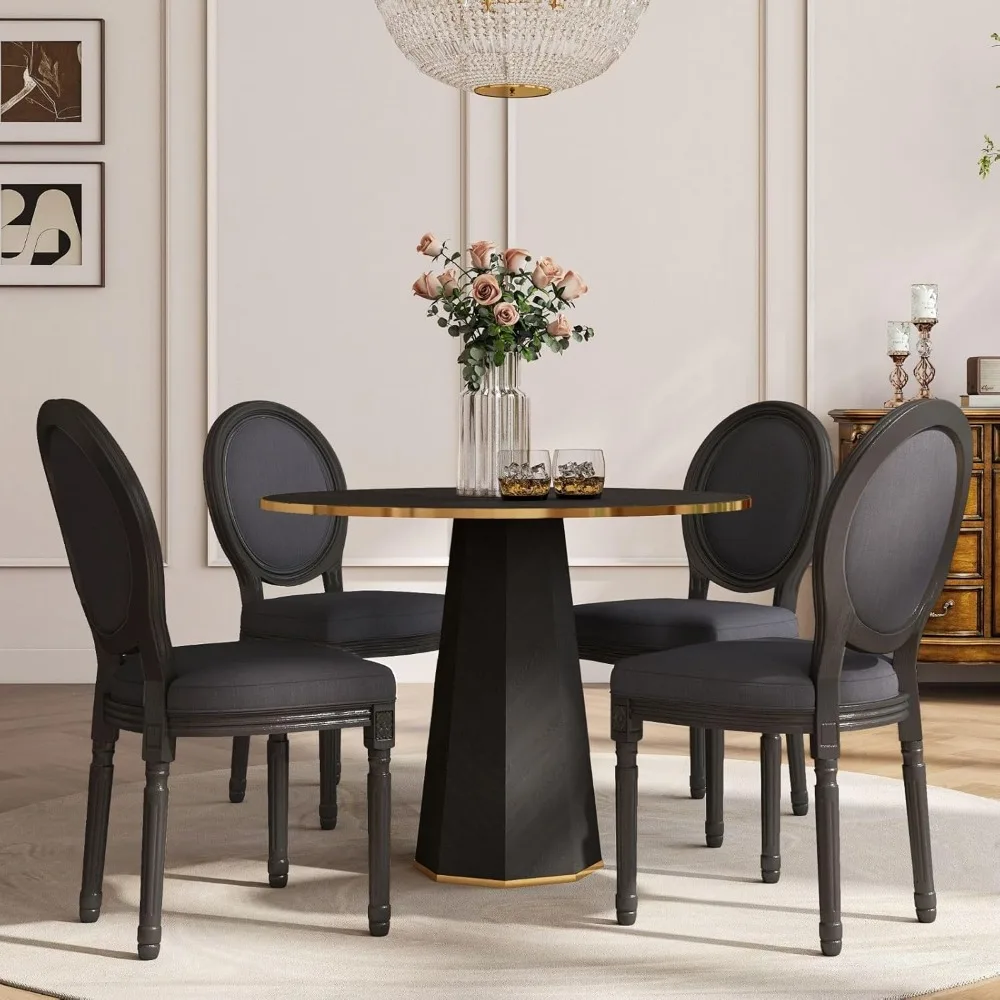 Washed Distressed Black Dining Chairs Set of 4, French Country Dining Room Chairs with Round Cushion Back, Wood Farmhouse