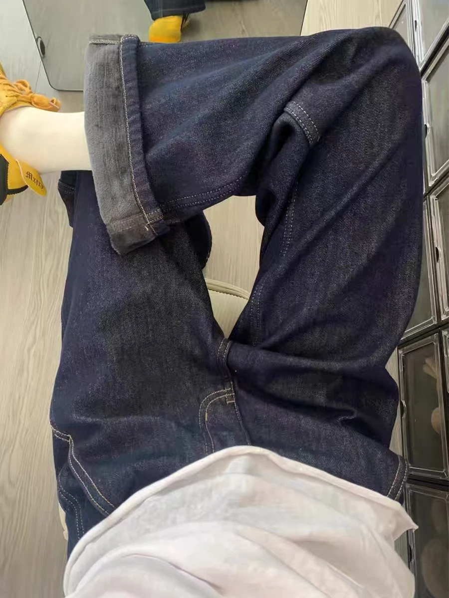 

Джинсы женские больших размеров с подкладкой, с высокой талией, свободные, широкие штанины, длиной в пол, осенне-зимние, теплые, стройнящие